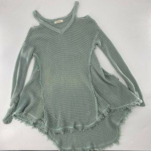 Elan Waffle Knit V-Neck Cold Shoulder Sweater